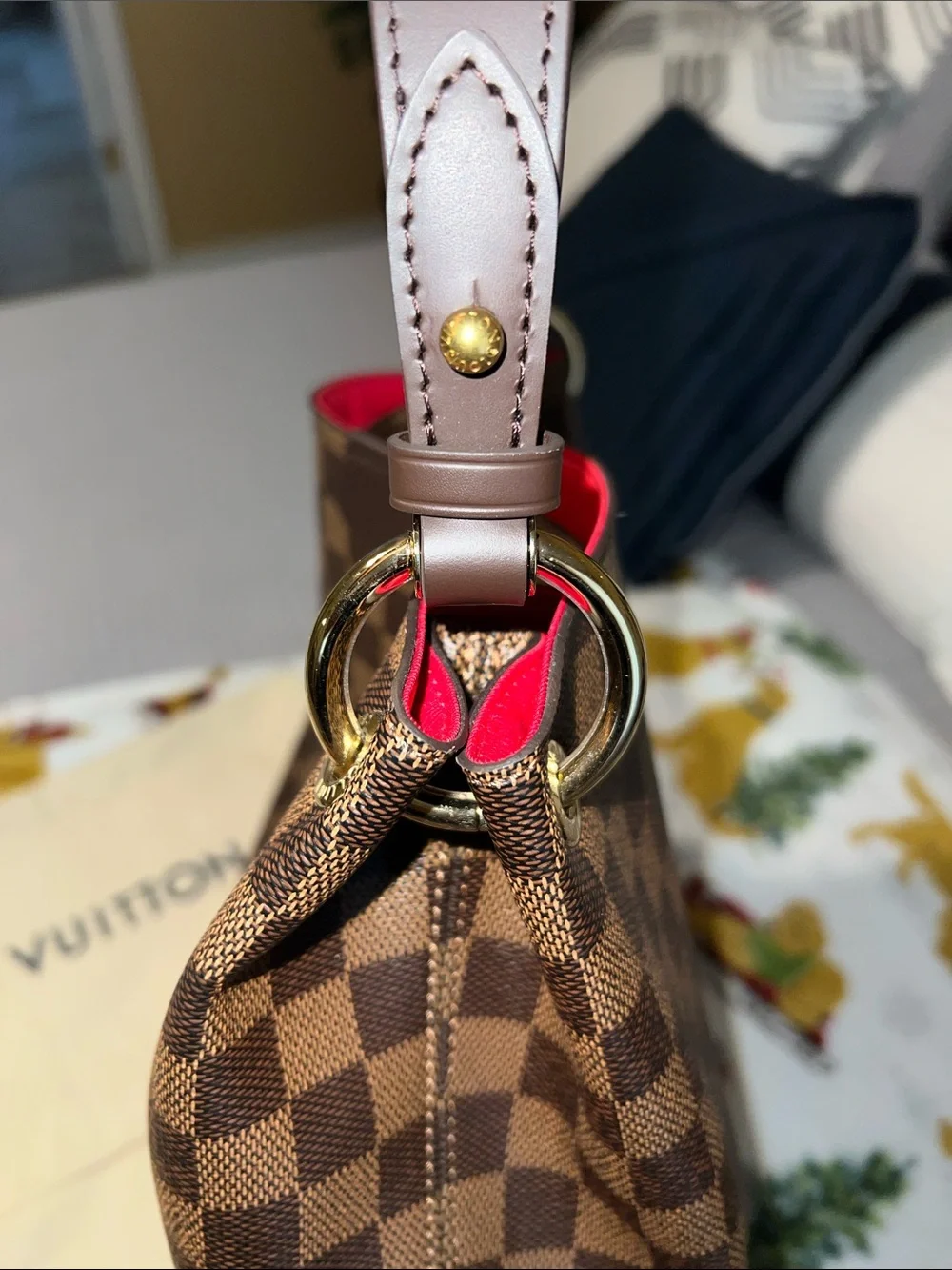Louis Vuitton Brown Damier Ebene NEW Shoulder Bag with Red Interior Trim PM